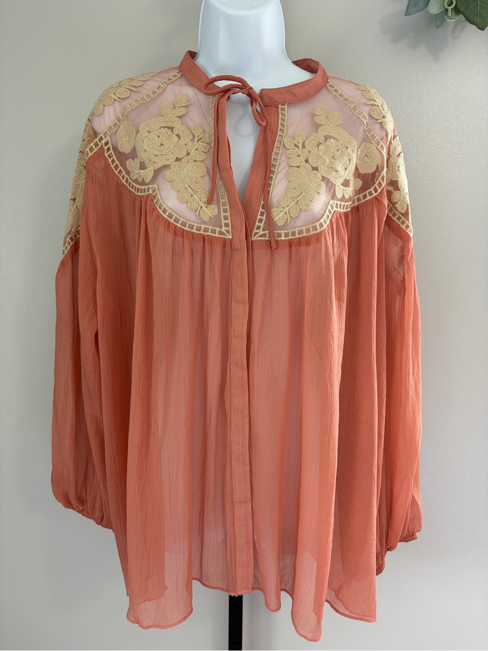 NWT Aratta Silent Journey- Embroidered Sheer Tie-Neck Tunic in Rose